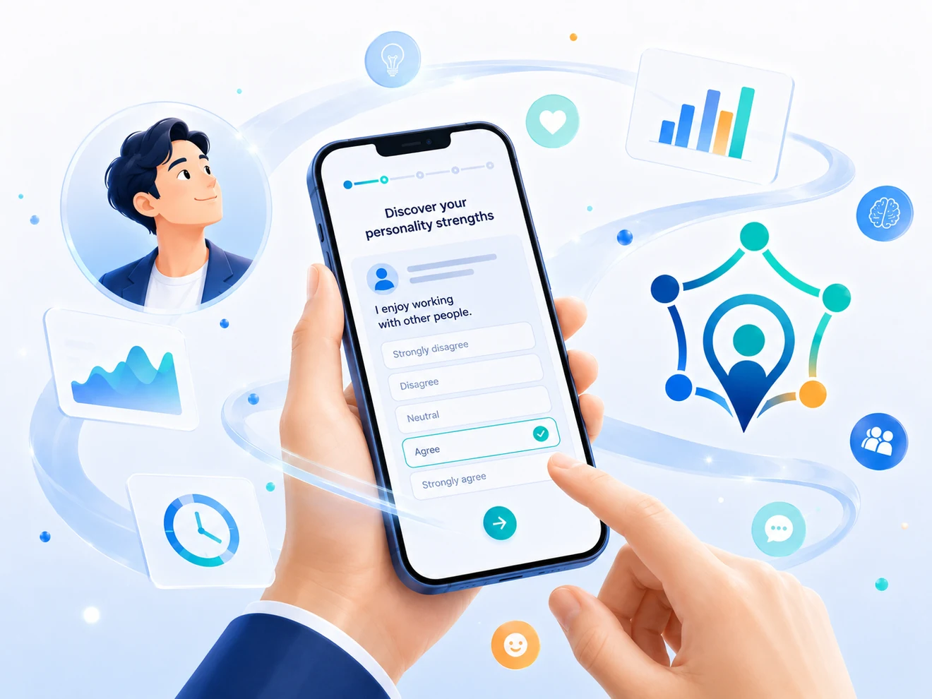 スマートフォン上で性格診断に回答しているFIFTHMAPのイラスト