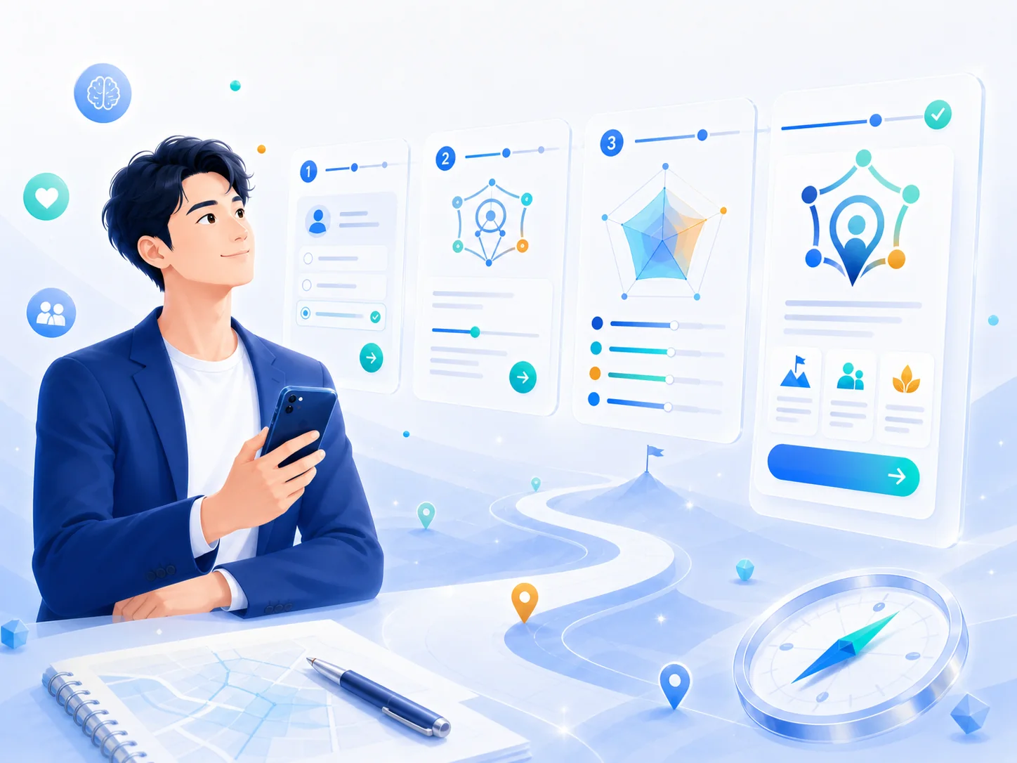 スマートフォン診断から結果確認までの流れを示すイラスト